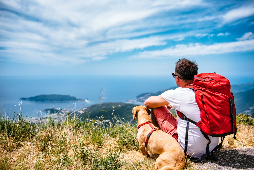 Wanderer mit Hund blickt aufs Meer