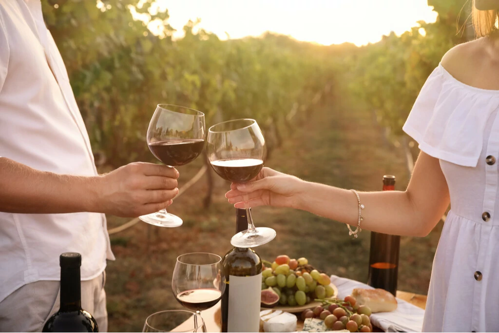 Paar genießt Essen und Wein in den sonnigen Weinbergen