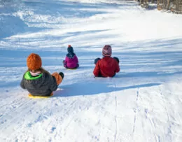 Kinder rodeln einen Berg hinunter