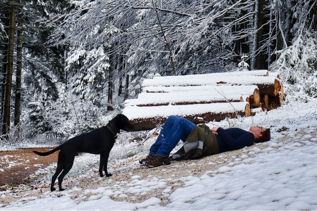 Mann mit Hund im Schnee im Wald