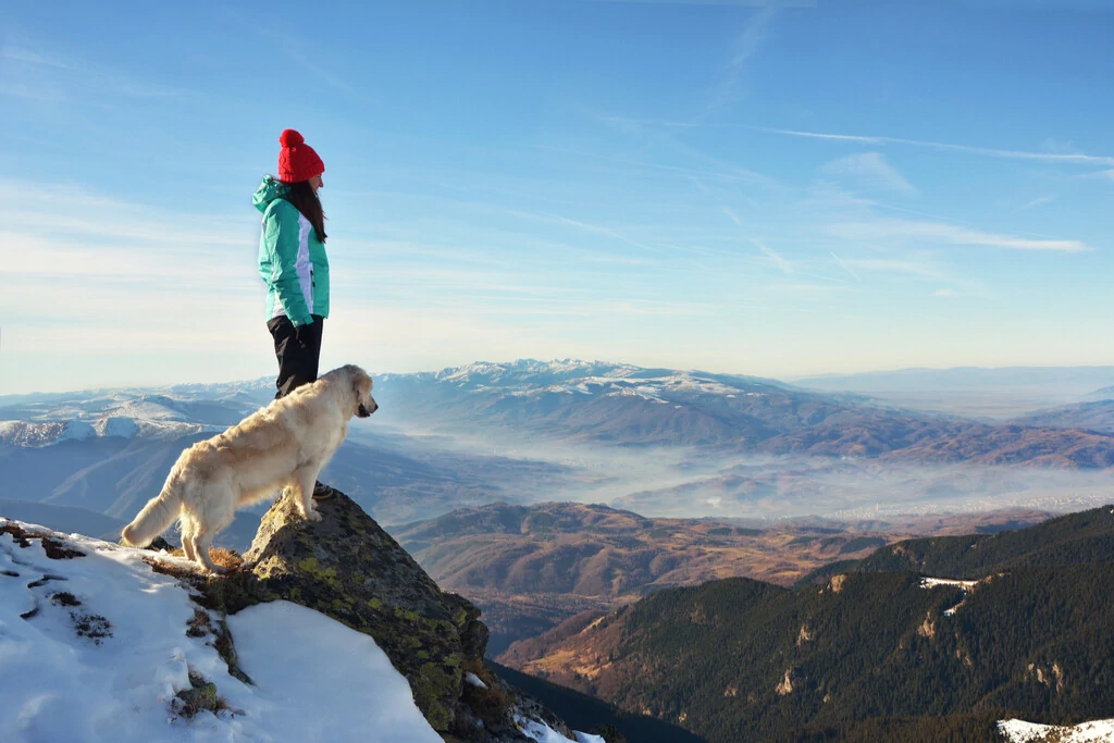 Frau mit Hund auf einem Berg