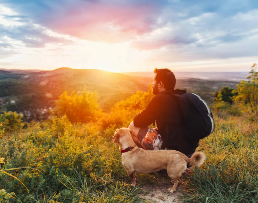 Mann mit Hund in Natur